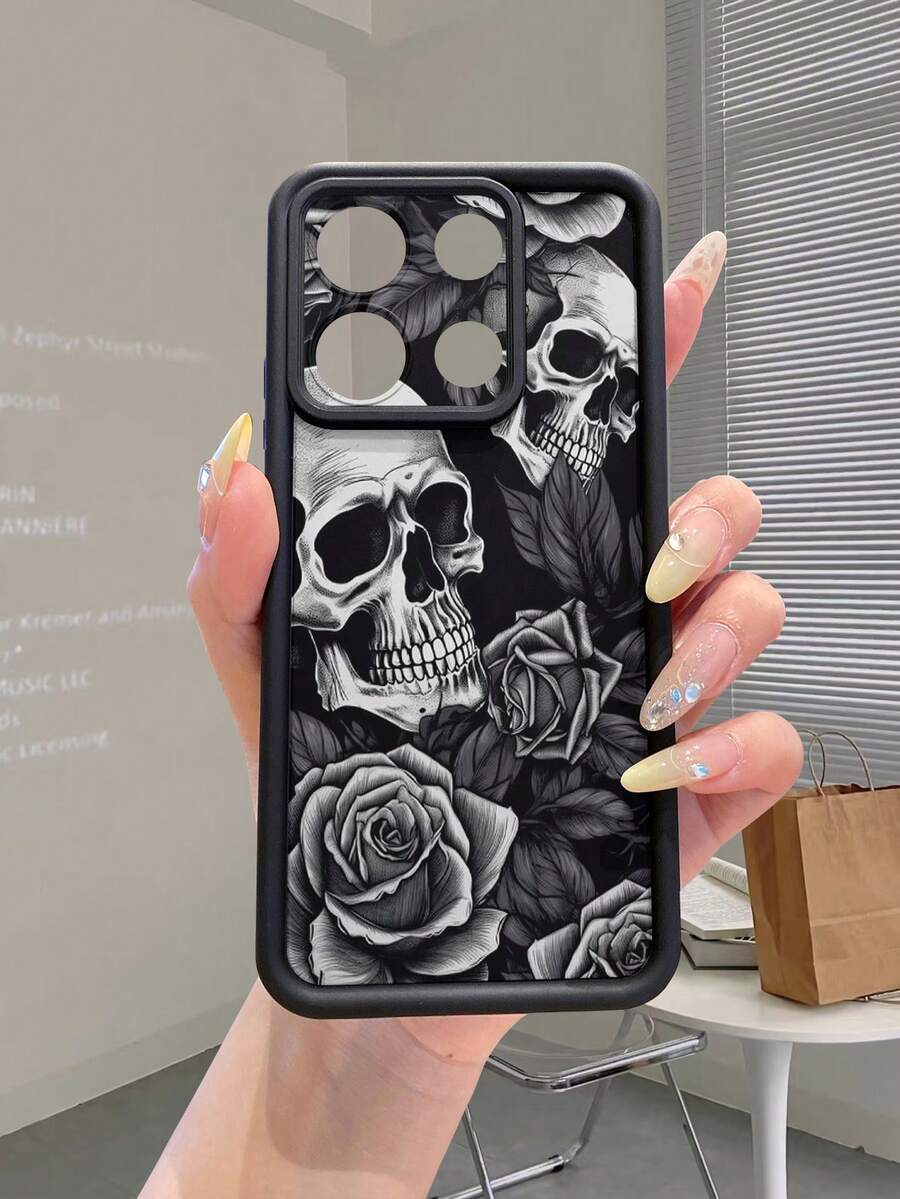万圣节骷髅手机壳 1 件装 奢华哑光黑烟熏骷髅设计 防震手机壳 带细孔镜头保护，兼容苹果/红米/Infinix/vivo 防水防摔防刮 - 黑色 - 查看 1