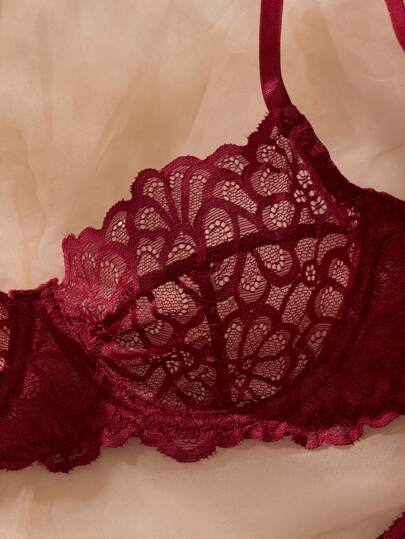 Women Verleidelijke Lingerie Set, Bordeaux Kanten Bloemen BH Set Adjustable Straps, Bra, view 5