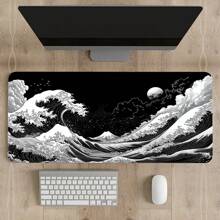 Extra Large Japanese Wave Gaming Mouse Pad - Non-Slip, Washable Rubber Base Desk Mat With Vibrant Black & White Great Wave Off Kanagawa Design, Ideal For Gamers & Professionals, Extra Long & Thick Table Pad, Nonslip Base, Fabric Top