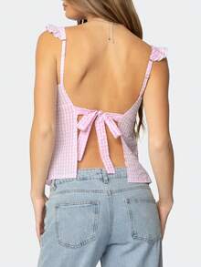 Women Teens Y2k Babydoll Tank Top Lace Trim V Neck Ruffle Flowy Crop Cami Top Summer Preppy Clothes Streetwear - 粉色 - 查看 3