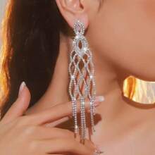 1 Pair Geometric Teardrop Shaped Golden/Silver Fully Diamond Crystal Rhinestone Long Tassel Earrings, Stage Performance Party Dress Accessories