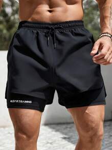 Men's Letter Print Double-Layer Sports Shorts, Outdoor Running