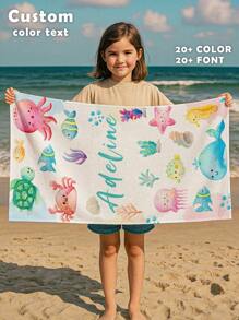 1PC Customized Name Ocean Beach Towels,Water Color,Sea Animal, Custom Name Beach Towel ,Personalized Girls/Boys Beach Towel, Custom Beach Towel For Girls/Boys,Perfect For Outdoor Beach Travel Swimming Gym Yoga, Beach Accessories,Custom Beach Towel For Friends, Multiple Sizes Of Beach Towels To Choose Froml
