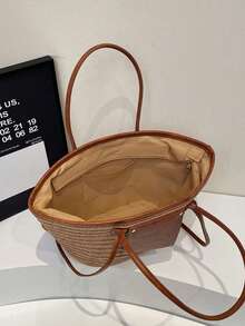 Dedoo 时尚大容量编织托特包，新款沙滩度假单肩腋下草编大包，吸睛沙滩包夏季，夏季女士草编沙滩包 - 卡其色 - 查看 5