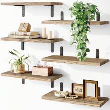 Superlele 4/6pcs Floating Shelves, Farmhouse Wood Wall Mounted Shelves For Bedroom & Bathroom Storage, Book Shelf