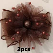 2 Pieces Elegant Black Floral Pearls Detachable Shoe Clips With Ruffle Net Bowknot Twist Design, Suitable For Wedding And Party High Heels, Shoe DIY Accessories