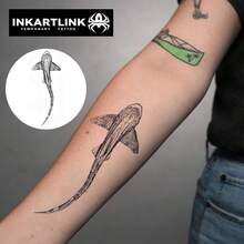 Pegatinas de tatuaje de tiburón dinámico INKARTLINK, diseño geométrico de olas oceánicas minimalistas, tatuaje temporal impermeable que dura 1-2 semanas - Negro - Ver 2