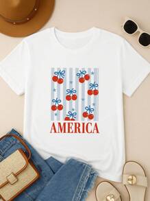 Dames 1 Cherry And Star Stripe America Print Katoenen T-shirt met Patriottische Strik Grafische Leuke Retro Stijl T-shirt voor 4 juli Zomeroutfit