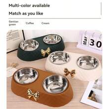 Stainless Steel Double Bowl Pet Dog Food Bowl, Cute Bow Design Cat Feeding Bowl, Dual Use For Food And Water