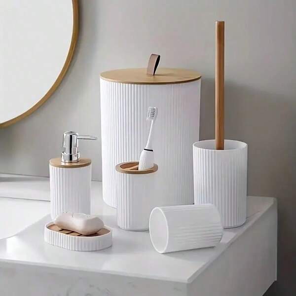 6-teiliges Badezimmer Accessoires Set: Bambus Mülleimer mit Deckel, Toilettenbürste, Seifenspender, Zahnbürstenhalter, Seifenschale, Spülbecher Schulanfang