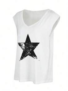 Summer V-Neck Star Print Batwing Sleeve Casual Beach T-Shirt White - White - View 5