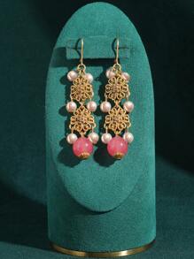 Conjunto de joyería nupcial con enchapado en bronce vintage, accesorios de compromiso, borlas multicapa, collar de piedra natural rosa dulce hecho a mano con cuentas y perlas falsas, aretes y anillo