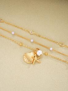 3-In-1 Shell, Starfish & Pearl Necklace Set (), Alloy + Copper Plated Iron Chain, Gold Color - Yellow Gold - View 8