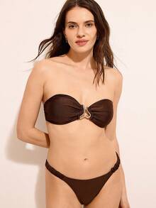 Costasola Springbreak Women's Summer Beachwear Outfits, Solid Strapless Metal Decor Sexy Tie Bikini Set - Coffee Brown - View 4