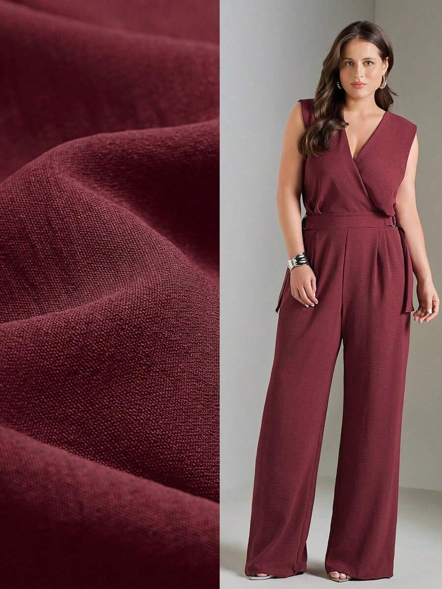 FASHION MIX PREMIUM Elegant Long Jumpsuit Tailored With Detail At The Waist And V-Neckline Plus Size Women's Fits 46 To 50 - 紅木色 - 查看 1