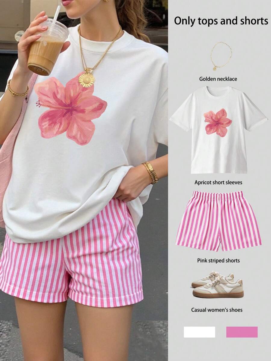 Flower Print Ladies Oversize Short-Sleeved Top Striped Shorts Suit Ladies Summer Leisure Two Pieces Suits Leisure Women's Clothing Seaside Vacation Summer Two Pieces Clothing