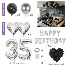 MZYI.LINGER 1050/21/200pcs Black & Silver Party Balloons Decorations, Silver Happy Birthday Banner, Chrome Silver Latex Balloons, Silver Heart Shaped Foil Balloons, 1000pcs Black Rose Petals, Suitable For Birthday Party, Birthday Decoration, Anniversary, Home Decor (18th/19th/20th/21st/25th/30th Birthday)