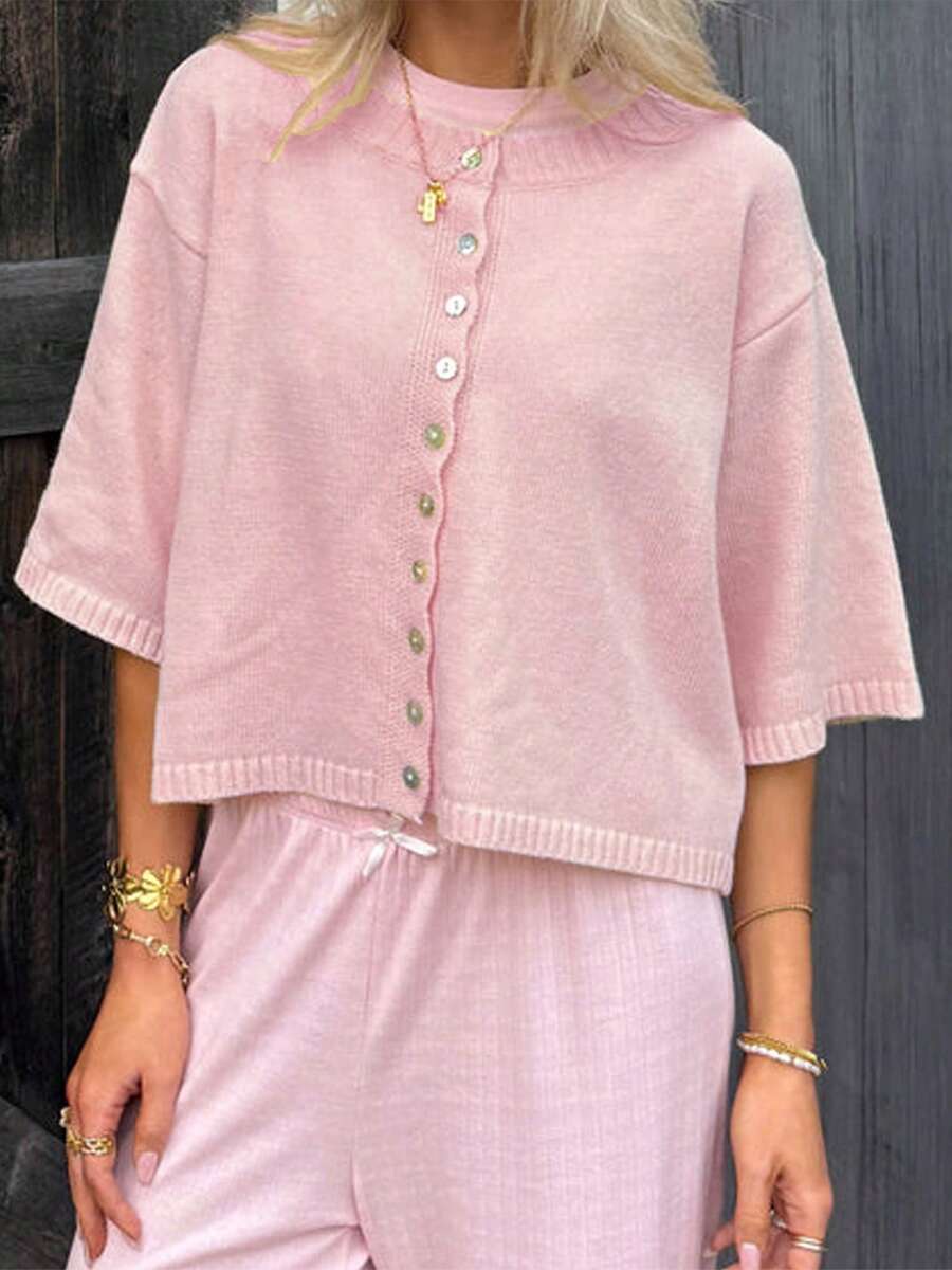 Women Fashion Cardigan Solid Color Buttons Front Elbow Sleeve Sweater Fall Casual Soft Knit Coat - 粉色 - 查看 1
