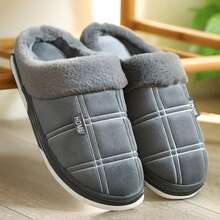 Men's Plaid Pattern Fluffy Warm Non-Slip Memory Foam Slippers, Fashionable Design