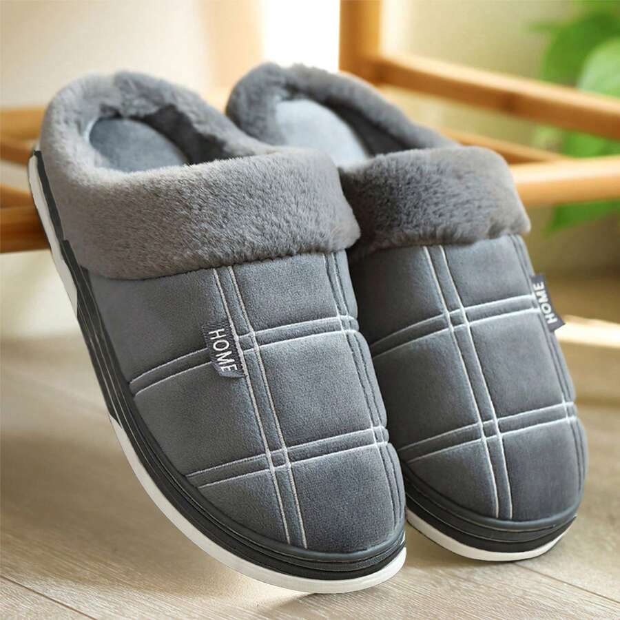 Men's Plaid Pattern Fluffy Warm Non-Slip Memory Foam Slippers, Fashionable Design