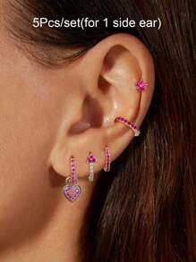 Set de 5 piezas de pendientes para mujer elegantes chapados en oro con circonita multicolor, incluyendo aro, pendiente colgante y pendiente de presión. Accesorios de joyería glamorosa.