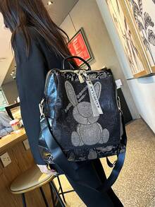 Unisex Backpack, Black With Silver Rhinestone Rabbit Pattern, Decorative Pendant, Unique Design, Large Capacity Backpack, Comfortable Shoulder Straps, Fits Laptop, Handheld, Backpack, Shoulder Bag, School Bag - Silver - View 2