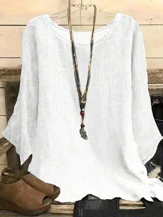 Blusa casual holgada de cuello redondo y manga 3/4 de unicolor para mujer de talla grande