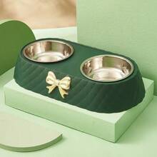 Stainless Steel Double Bowl Pet Dog Food Bowl, Cute Bow Design Cat Feeding Bowl, Dual Use For Food And Water