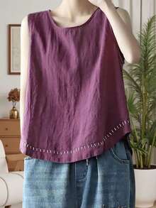 Women's Tank Tops Summer Causal Versatile Solid Color Plus Size Loose Sleeveless Linen Shirt - Purple - View 2