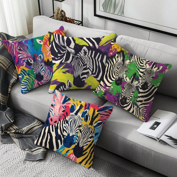 4pcs Colorful Graffiti Zebra Print Pillow Cover Set, 17.7*17.7in, Home Decorative Cushion Cover For Living Room Sofa Bedroom, Pillow Insert Not Included