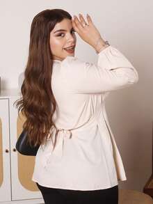 Lupita Cardoza Front Hollow Chinese Knot Tie Waist Long Sleeve Maxi Shirt - Apricot - View 3