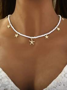 1 pieza Collar estilo océano con estrella de mar y cuentas para mujer, para vacaciones y uso diario