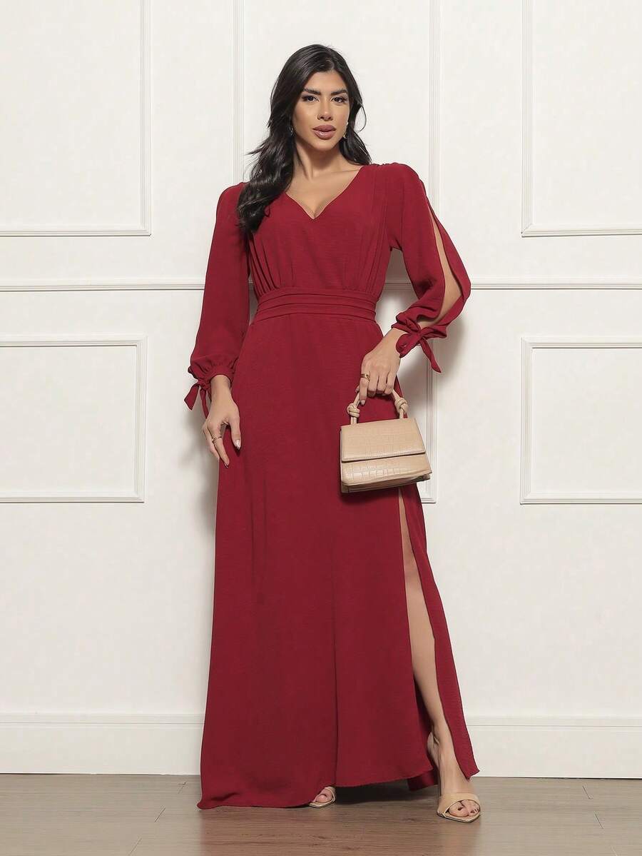FASHION MIX PREMIUM Elegant Long Dress With Slit Long Sleeves With Tie With V-Neckline And Waist Adjustment Plus Size Women's Fits 38 To 44 - Gỗ đỏ - Xem 1