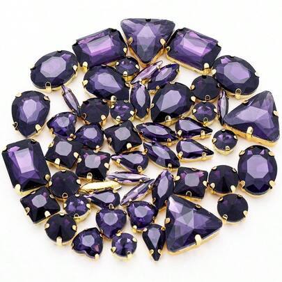 50pcs/Pack Gold Sew On Rhinestones, Mixed Shapes Metal Claw Glass Gems Sewing Crystals