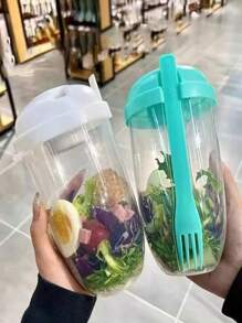 2/1 Pieza Taza portátil para ensalada con tapa y tenedor - Transparente, Recipiente mezclador de PP adecuado para ensaladas frescas, verduras y frutas - Adecuado para llevar el almuerzo y el desayuno, Mezclador de ensalada enlatada, Taza de avena con cuchara y tapa, Taza de leche y yogur bajo en grasa, Taza portátil para pérdida de peso adecuada para un estilo de vida saludable, Útiles escolares adecuados para mujeres, Útiles escolares de vuelta a la escuela, Botellas de agua, Exterior, Camping