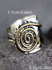 1pc Bohemian Vintage Metal Silver & Gold Color Swirl Circular Wide Open Ring For Men & Women, Suitable For Daily, Vacation, Party Wear - 彩色 - 查看 6