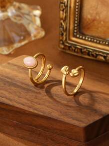 2pcs Stainless Steel Plated 18k Gold French Elegant Pink Gemstone, Double Headed Heart Ring Set, Suitable For Daily Wear, Parties, Festivals, Beach Vacations, Gifts Or Collections