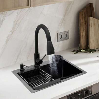 SENDERPICK Évier de cuisine encastrable, évier de cuisine avec robinet extractible, évier multifonctionnel avec lave-tasses, distributeur de savon, robinet, trop-plein et bonde, 45 x 40 x 20 cm