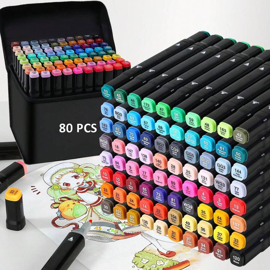 168/120/80/60/48 Colors Dual Brush Tip Permanent Art Markers, Alcohol Markers, Coloring Marker, For Book Painting Card Making, Christmas Gift For Adults. - 80Màu sắc - Xem 1