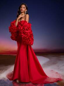 Anymoon Women's Luxury Handmade Floral Decor Formal Evening Gown/Wedding Dress With Train, Suitable For Formal Occasions, Parties And Weddings Spring Party - Red - View 3