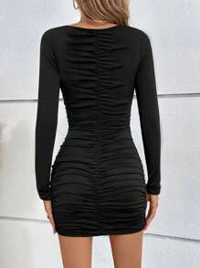 Elegant Ruched Waist Deep V-Neck Long Sleeve Mini Dress, New Arrival For Spring Summer