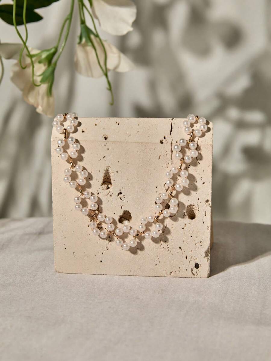 Faux Pearl Beaded Flower Decor Necklace Valentines,Mom,Mother,Mother's Day,Gift Winter Gifts - White - View 1