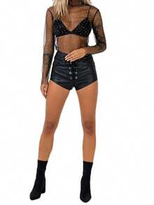 Women Mesh Perspective Top Long Sleeve Simulated Neck Shine Rhinestone T-Shirts - Black - View 2