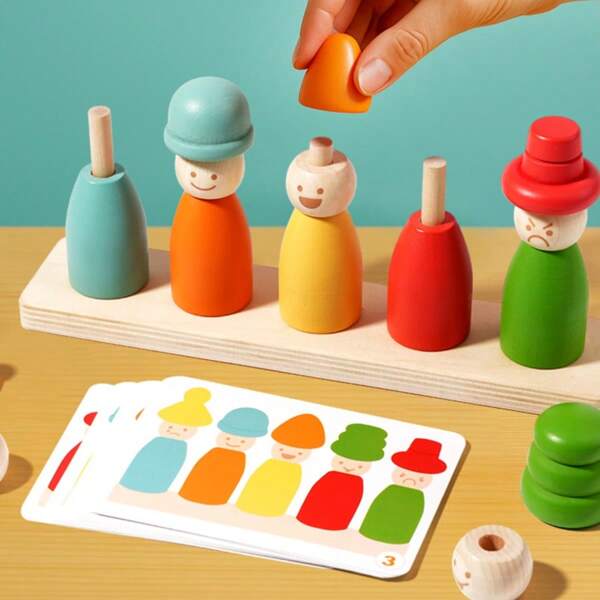 Montessori Farb- und Formzuordnungsspiel für Kinder, Holz Stapelspielzeug zur Förderung der Feinmotorik, Puppenhutkopf Steckpuzzle, pädagogisches Spielzeug für Jungen und Mädchen