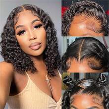 Curly Wigs Human Hair 13x4 HD Deep Wave Lace Front Wigs Human Hair Pre Plucked 12 Inch Bob Wig Human Hair Short Curly Glueless Wigs For  Women Natural Hairline 250% Density Bob Wigs - Natural Black - 查看 4