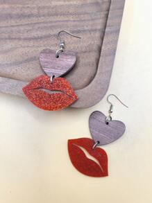 1 Pair Red Acrylic Lip & Wooden Heart Drop Earrings, Fashion Minimalist Daily Matching Jewelry