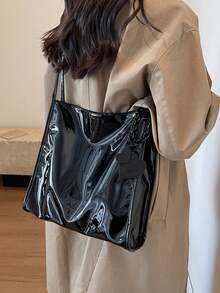 Yogodlns Túi Tote Da Sáng Bóng Thời Trang Màu Trơn Túi Đeo Vai Dung Tích Lớn Túi Bucket Túi Đeo Dưới Cánh Tay Cho Sử Dụng Hàng Ngày - màu đen - Xem 7