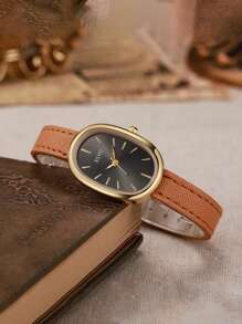 1pc New Stylish Leather Watch Set For Women, Minimalist Small Dial Oval Shaped Casual Ladies Watch, Student Version