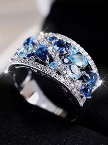 1pc Blue Crystal Waterdrop Stone Ring, Simulated Sapphire Engagement Ring, Gift For Daughter, Mom, Or Other Relatives - Silver - View 19