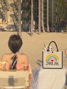 2pcs Teacher Appreciation Gift Set - Large Capacity Fashion Tote Bag With "Teacher" Print, Black Linen Coin Purse,Cosmetic Bag, Lining, And No Closure - Perfect For Educators And School Staff,Teacher's Thank-You Gift, Stylish Casual Accessories For Outings, Vacations, Daily Commute, Thank You Teacher Gifts - Khaki - View 2